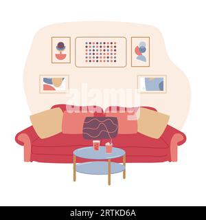 Intérieur élégant du salon avec mobilier tendance. Salon confortable avec canapé et table. Illustration vectorielle à plat. Illustration de Vecteur