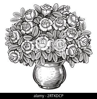 Bouquet de fleurs en pot. Roses avec des feuilles. Illustration d'esquisse dessinée à la main dans le style de gravure vintage Banque D'Images