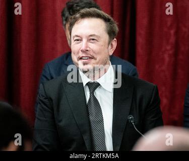 Washington, États-Unis. 13 septembre 2023. Elon Musk, PDG de Tesla, SpaceX, Twitter/X, lors d’un briefing sur l’intelligence artificielle pour les sénateurs au Capitole des États-Unis. Crédit : SOPA Images Limited/Alamy Live News Banque D'Images