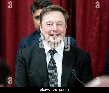 Washington, États-Unis. 13 septembre 2023. Elon Musk, PDG de Tesla, SpaceX, Twitter/X, lors d’un briefing sur l’intelligence artificielle pour les sénateurs au Capitole des États-Unis. Crédit : SOPA Images Limited/Alamy Live News Banque D'Images