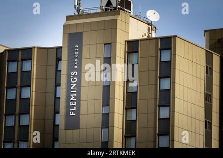 Photo d'un panneau avec le logo de Fleming's Hotel sur leur hôtel principal pour Essen, Allemagne. Banque D'Images