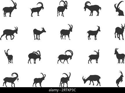 Silhouette Ibex, silhouette de chèvre Ibex, silhouette de bouquetin alpin, vecteur Ibex, Ibex Gazelle, jeu d'icônes Ibex Illustration de Vecteur