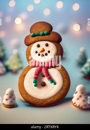 Biscuit en pain d'épice en forme de bonhomme de neige, pour les célébrations de Noël, fond givré avec des lumières Banque D'Images