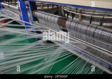 L'équipement mécanique de la chaîne de production de tissage plastique fonctionne dans une usine Banque D'Images