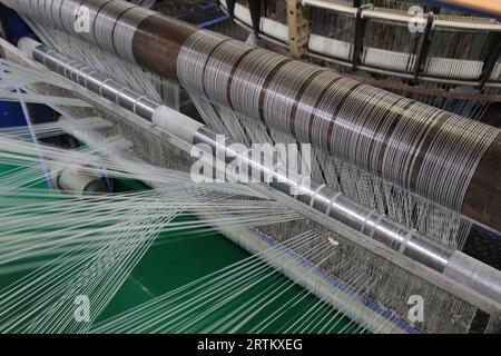 L'équipement mécanique de la chaîne de production de tissage plastique fonctionne dans une usine Banque D'Images