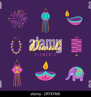 Éléments Diwali. Ensemble d'icônes du festival indien des lumières. Signes deepavali colorés sur fond violet. Illustration vectorielle dans le style de dessin animé plat Illustration de Vecteur