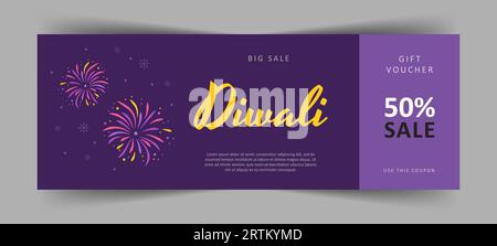 Chèque cadeau Diwali. Coupon de réduction commercial avec feux d'artifice. Fête indienne des lumières. Illustration vectorielle dans le style de bande dessinée Illustration de Vecteur