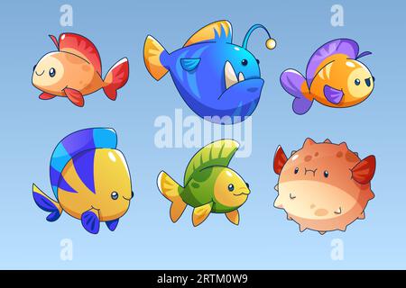 Ensemble de dessin animé de poissons de mer isolé sur fond. Illustration vectorielle des habitants sous-marins colorés mignons, poisson clown, poisson rouge, poisson-macareux, baudroie, animaux de l'océan profond, éléments de conception d'aquarium Illustration de Vecteur