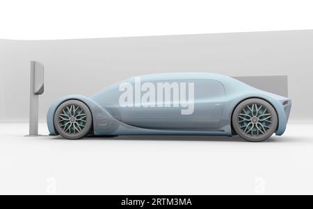 Rendu en argile de la charge futuriste de voiture électrique dans la station de charge sans fil. Image de rendu 3D. Banque D'Images