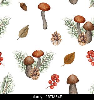 Modèle sans couture avec composition de champignons comestibles, branches de pin et cônes avec des baies rouges. Clipart isolé. Illustration sur un thème d'automne pour Banque D'Images