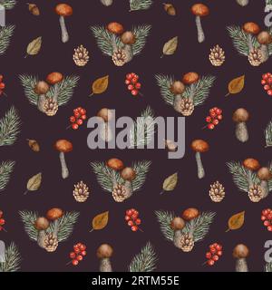 Modèle sans couture avec composition de champignons comestibles, branches de pin et cônes avec des baies rouges. Clipart isolé. Illustration sur un thème d'automne pour Banque D'Images