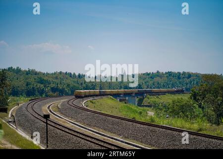 Un train de marchandises qui traverse une ligne à 2 voies avec une vue de gauche et de droite sur une forêt dense pendant la journée. : Kulon Progo, Indonésie - 07 août 202 Banque D'Images