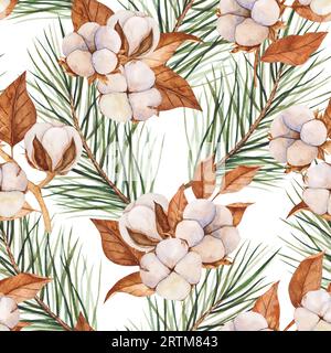 Motif aquarelle sans couture avec des cotons-tiges, des feuilles sèches, des branches de pin. Composition botanique réaliste. Invitation de mariage, vacances, nouvel an Banque D'Images