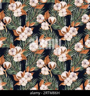Motif aquarelle sans couture avec des cotons-tiges, des feuilles sèches, des branches de pin. Composition botanique réaliste. Invitation de mariage, vacances, nouvel an Banque D'Images