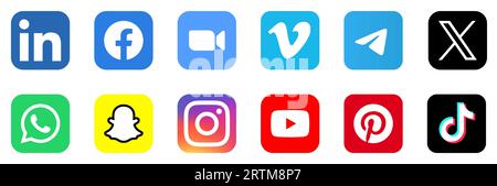 TikTok, Instagram, Youtube, Pinterest, LinkedIn, Facebook, Zoom, Vimeo, Telegram, X - ancien jeu d'icônes de l'application de médias sociaux Twitter, WhatsApp et Snapchat. Forme carrée avec coins arrondis. Illustration vectorielle. Illustration de Vecteur