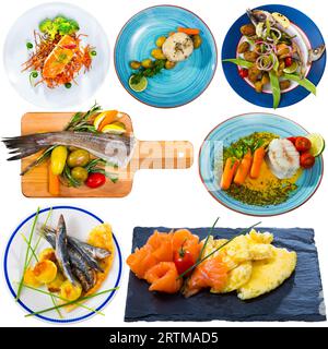 Plats avec différents poissons dans des assiettes isolées sur fond blanc Banque D'Images
