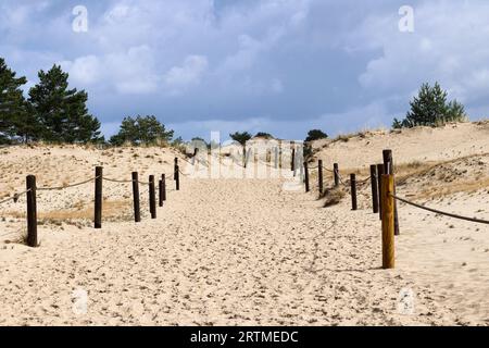 Sentier touristique à travers les dunes près du village de Czolpino dans le parc national Slovincien, Pologne Banque D'Images