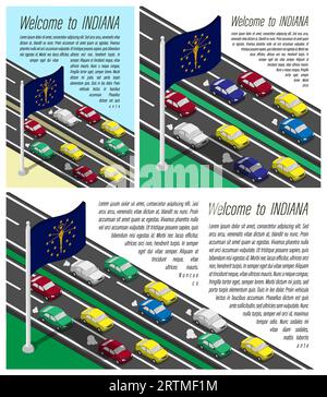 Drapeau isométrique de l'état américain de l'Indiana sur mât battant dans le vent. Traversée de la frontière de l'Indiana en voiture voyage. Ensemble d'informations horizontal, carré Illustration de Vecteur