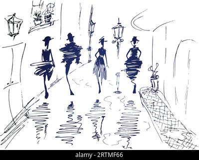 Vieille ville européenne avec des rues piétonnes et des gens dans le style esquisse. Ville paysage romantique. Illustration vectorielle noir et blanc sur un fond blanc Illustration de Vecteur