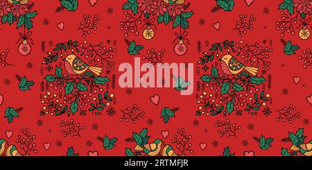 Motif sans couture folk de Noël. Oiseaux d'art folklorique sur les branches houx avec des boules de Noël sur fond rouge. Illustration horizontale vectorielle. Répétition de Noël Illustration de Vecteur