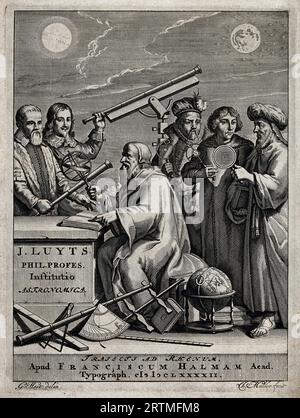 Copernic et cinq autres astronomes avec des instruments astronomiques, gravure de J. Mulder d'après Gerard Hoet 1692 Banque D'Images