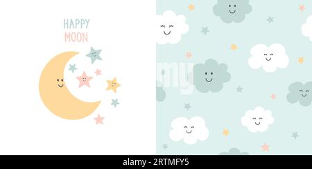 Carte de lune mignonne et motif sans couture. Fond pour les enfants avec la lune, les nuages et les étoiles. Illustration vectorielle. Illustration de Vecteur