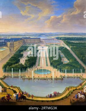 Vue aérienne du château de Versailles depuis la fontaine du Dragon et la fontaine de Neptune, peinture de paysage à l'huile de Jean-Baptiste Martin l'ancien, vers 1700 Banque D'Images