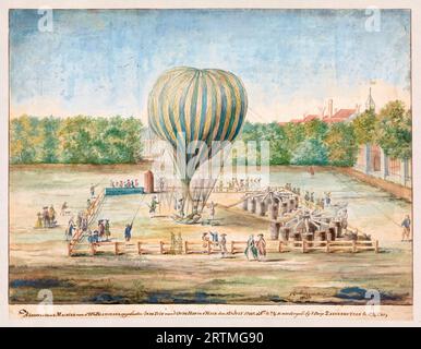 Lancement du ballon à hydrogène de Jean-Pierre Blanchard à la Haye, pays-Bas, le 12 juillet 1785, aquarelle de G Carbentus, 1785 Banque D'Images