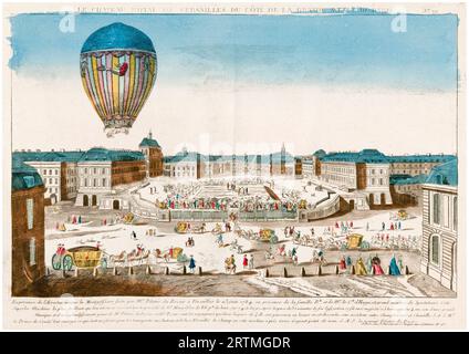 La montgolfière Marie-Antoinette a été pilotée par Jean-François Pilâtre de Rozier et le chimiste français Joseph Louis Proust le 23 juin 1784 à Versailles devant le roi Louis XVI et le roi Gustave III de Suède, gravure colorée à la main, 1784 Banque D'Images