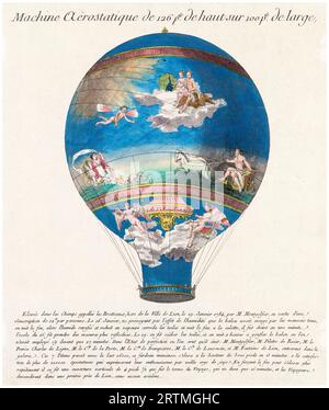 L'énorme montgolfière Montgolfier 'le Flesselles', lancée à Lyon, France le 19 janvier 1784, transportant sept passagers dont Joseph Montgolfier et Jean François Pilâtre de Rozier, gravure colorée à la main, 1784 Banque D'Images