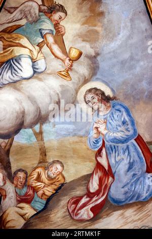 Église baroque notre-Dame de l'Assomption. Fresque. Jésus priant dans le jardin de Gethsémani après la dernière Cène, pendant que les disciples dorment. Cordon. Banque D'Images
