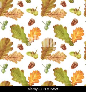 Chêne d’automne – glands et feuilles. Motif sans couture aquarelle. Parfait pour les cartes de vœux, couvertures, impressions, motifs, scrapbooking, logo Banque D'Images