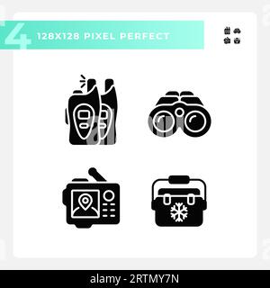 Ensemble d'icônes de style glyphe d'équipement de randonnée parfait de pixel Illustration de Vecteur
