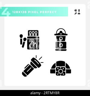 Ensemble d'icônes de style glyphe d'équipement de randonnée parfait de pixel 2D. Illustration de Vecteur