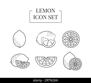 Fruit citron entier et demi, coupé en tranches, ensemble d'icônes de ligne dans le vecteur Illustration de Vecteur