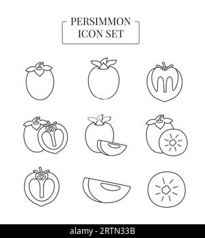 Fruit Persimmon entier et demi, coupé en tranches, ensemble d'icônes de ligne dans le vecteur Illustration de Vecteur