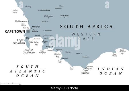 Région du Cap de bonne espérance en Afrique du Sud, carte politique grise. Du Cap et de la péninsule du Cap, au Cap Agulhas, pointe sud du continent africain Banque D'Images