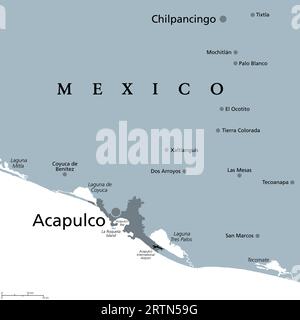 Acapulco et ses environs, carte politique grise. Acapulco de Juarez, ville et port d'escale majeur dans l'état de Guerrero sur la côte Pacifique du Mexique. Banque D'Images