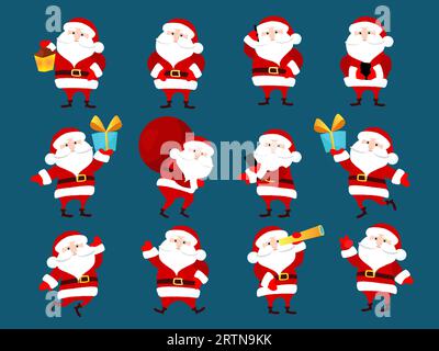 Un ensemble de Père Noël joyeux et drôle dans différentes poses et activités. Le Père Noël regarde à travers un espion, tient une lanterne, parle sur un téléphone portable. Illustration de Vecteur