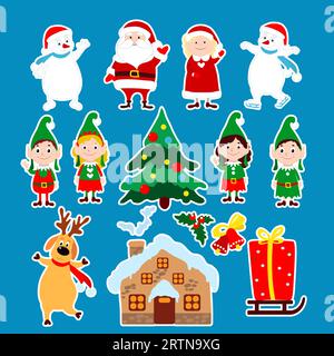 Set de stickers de Noël Père Noël, Mme Père Noël, bonhommes de neige, elfes, cerfs, maison, arbre, cloches. Illustration festive vectorielle dans le style de bande dessinée. Illustration de Vecteur