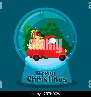 Le Père Noël conduit un camion transportant des rennes et un sapin. Scène de Noël dans un bol en verre.carte vectorielle de voeux de Noël. Illustration de Vecteur