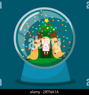 Dans une boule à neige en verre, Mme Santa avec des cerfs boit du chocolat chaud avec des guimauves dans une maison. Mère Noël est assise sur une chaise. Illustration de Vecteur