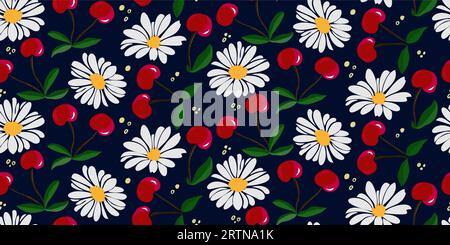 Textile ou papier peint à motif de fleurs de cerise et de Marguerite. Motif sans couture vectoriel Illustration de Vecteur