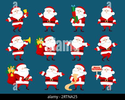 Set de Noël le Père Noël se tient debout, agite les bras, court, sonne une cloche, porte un sac de cadeaux, lit une lettre, tient une liste, se tient debout avec des cadeaux. Père Noël c Illustration de Vecteur