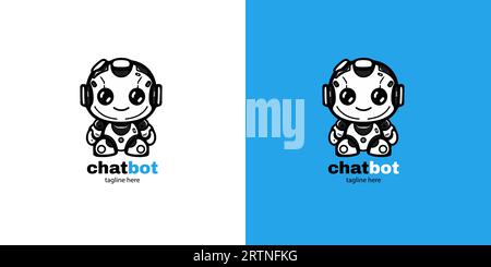 Illustration vectorielle de conception de signe d'icône de tête de chatbot robot sur fond blanc et bleu. Mignon personnage de mascotte d'aide de bot ai . Illustration de Vecteur