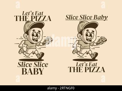 Mangeons la pizza, un petit garçon courant et tenant une tranche de pizza, illustration vintage Illustration de Vecteur