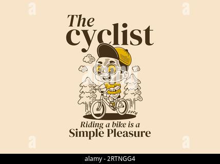 Le cycliste, faire du vélo est un plaisir simple. Illustration d'Un garçon à vélo, pins, style rétro Illustration de Vecteur