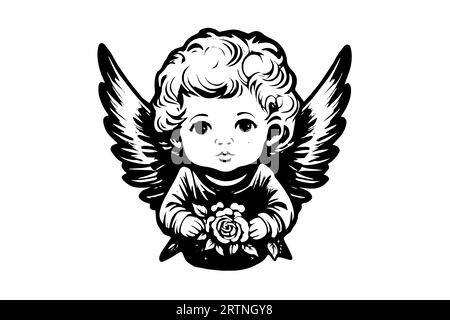 Petit ange logotype vecteur style rétro gravure illustration noir et blanc. Bébé mignon avec des ailes. Illustration de Vecteur