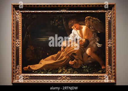 Peinture de Saint François d'Assise en Ecstasy montrant un Ange réconfortant le Saint, par Michelangelo Merisi da Caravaggio, exposé au Galle National Banque D'Images