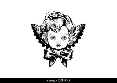 Petit ange logotype vecteur style rétro gravure illustration noir et blanc. Bébé mignon avec des ailes. Illustration de Vecteur